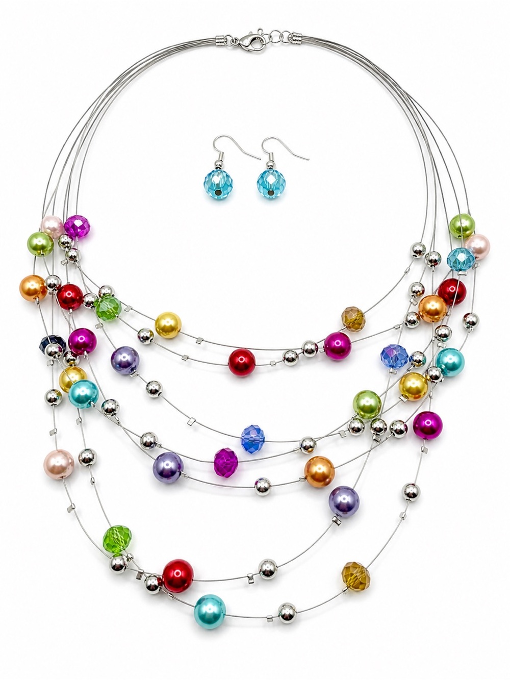 Multicolor Layered Bead Necklace with Blue Drop Earrings